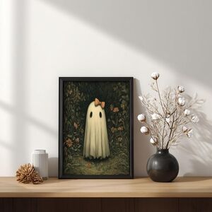 Ghost with Bow Art Print – Whimsical Cottagecore Halloween Wall Art, Cute Spooky